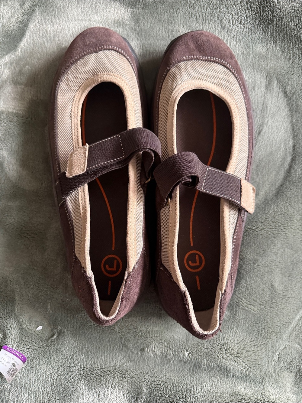 Rockport Brown and Cream Mary Jane Flats with Hook-and-Loop Strap